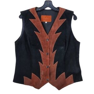 Vtg Ben Kalton Leather Suede Vest Ws L Black Brown Snap Up Western Cowgirl Biker